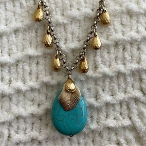 Turquoise & Gold Tone Tear Drop Fashion Necklace 18”